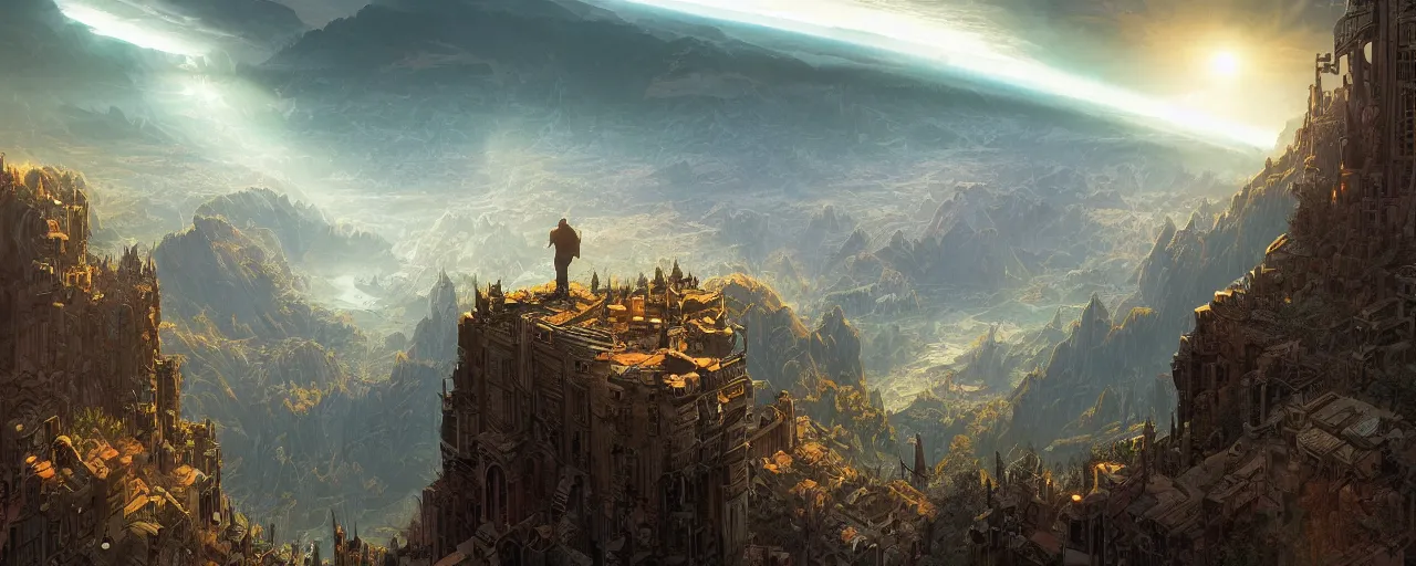 Image similar to dramatic matte painting by dan mumford and jordan grimmer and hubert robert of looking down at earth at the end is a man made of light