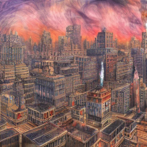 Image similar to a city on fire, tall buildings, extreme detail, abstract realism, highly ornate intricate details, 1 9 2 0's colored pencil, 4 k, cinematic lighting,