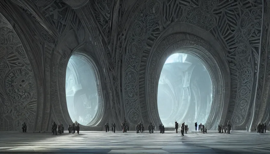 Image similar to the inside of a monument with italian motifs, by tim blandin and arthur haas and bruce pennington and john schoenherr, big windows architecture by zaha hadid, octane render, cinematic, scenery, cgsociety, modernism, futuristic, trending on artstation, sci - fi, high detail, high quality, close up angle, people walking