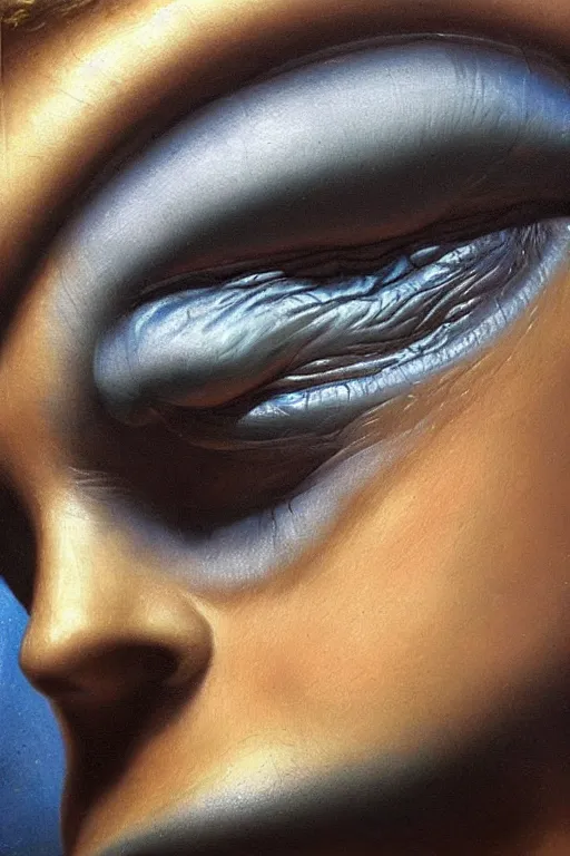 Image similar to hyperrealism oil painting, close - up portrait of face from a tangle of snakes fashion model, knight, steel gradient mixed with nebula sky, in style of baroque