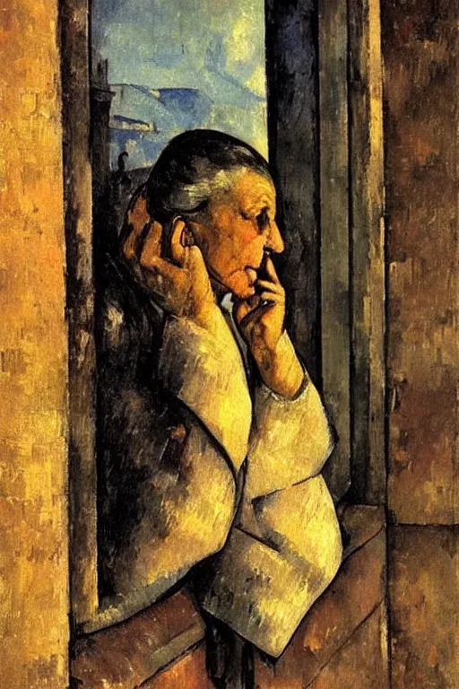 Image similar to an elderly and content italian woman leaning out of the window of an old building, smoking a cigarette, by paul cezanne, firenze, sunset, smooth, expressionist, gold, portrait