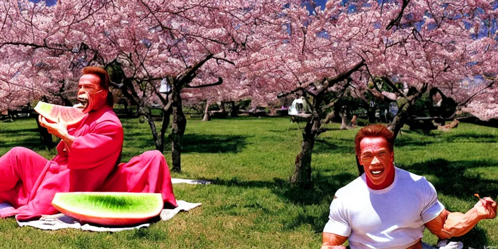 Image similar to photo, arnold schwarzenegger eats watermelon, japanese kimono, under sakura tree