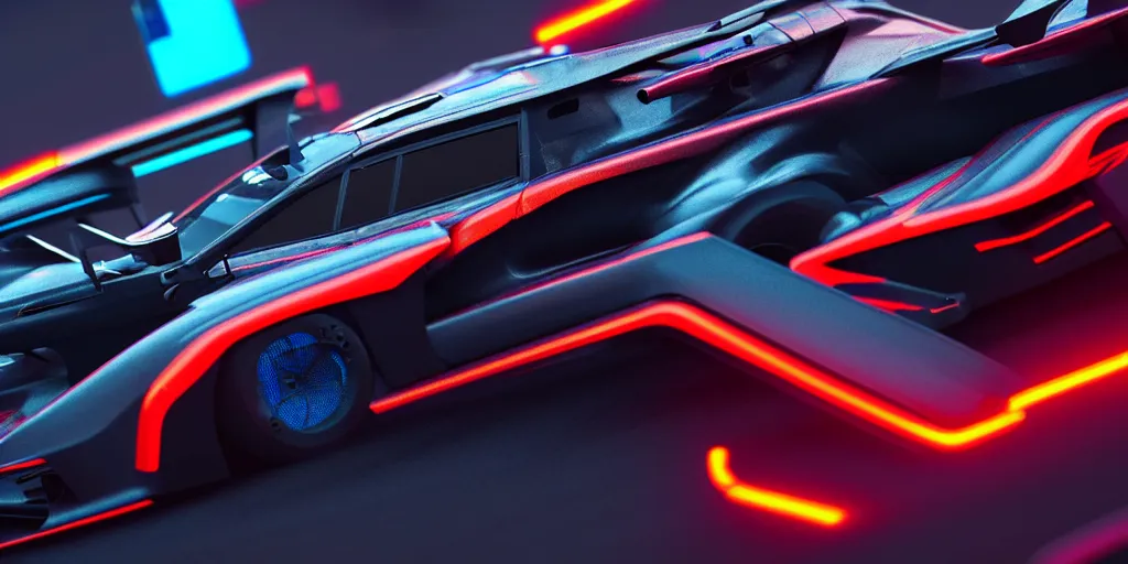 Prompt: game asset of a hyper detailed super race car, super race car and modular panel, on the track, 3 d render, octane render, cyberpunk, the neon lights, electron flow, stylized, kitbash, james jean, black and chrome color scheme, 8 k, close up