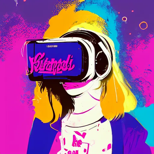 Image similar to illustration of cyberpunk girl with bubble gum in vr helmet, colorful splatters, by andy warhol and by zac retz and by kezie demessance