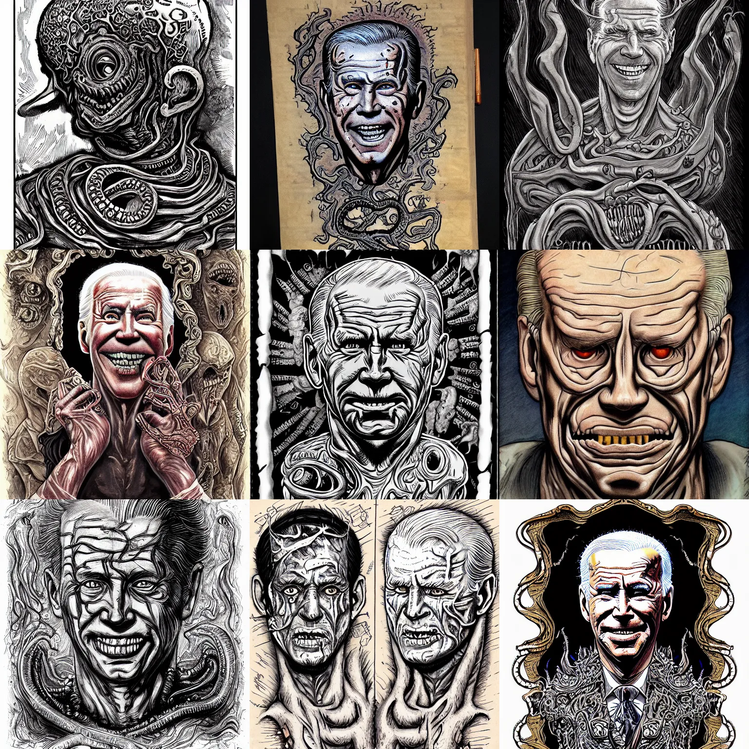 Prompt: lovecraftian bound human skin necronimicon with joe biden's ripped face sewed onto it, ornate, ancient, tome + concept art, intricate writing, artstation, junji ito