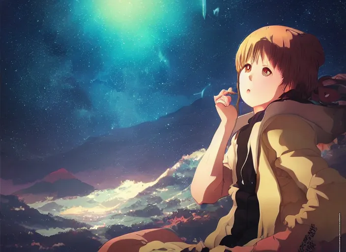 Image similar to watching the stars at night, on a mountain, by wlop, anime key visual, poster