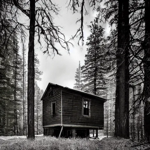 Image similar to an Eerie cabin in the middle of the woods in the style of Ansel Adams