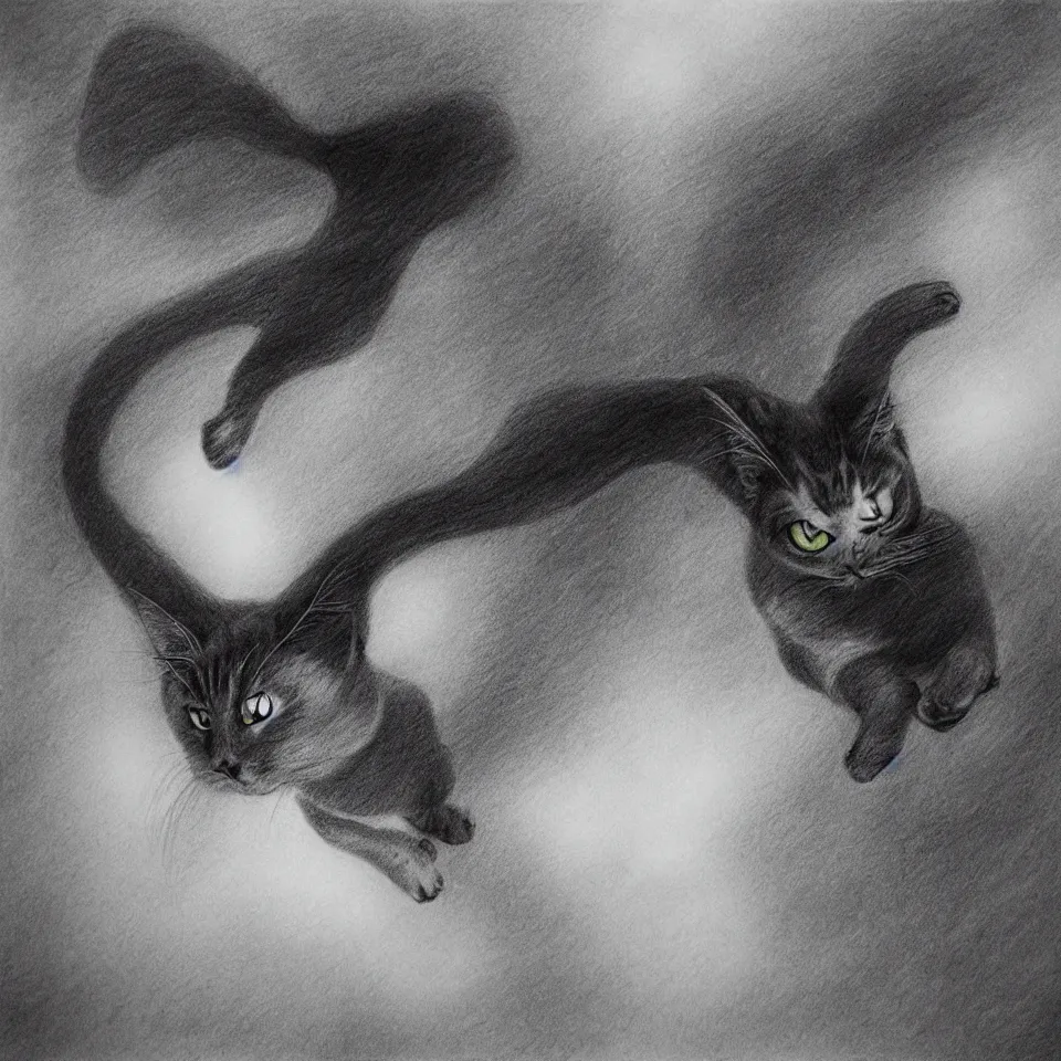 Prompt: pencil drawing , ghost cat , flying cat , Tim burton , high-quality, well detailed , HD