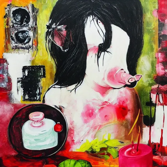 Image similar to “ a portrait in a female art student ’ s apartment, sensual, a pig theme, art supplies, paint tubes, ikebana, herbs, a candle dripping white wax, black walls, squashed berries, berry juice drips, acrylic and spray paint and oilstick on canvas, surrealism, neoexpressionism ”