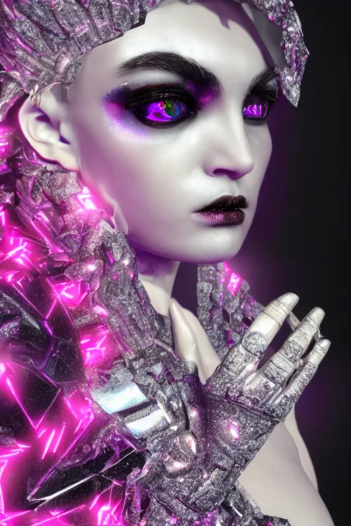 Image similar to hyper detailed ultra sharp portrait of baroque and bladerunner delicate glowing diamond sculpture of seductive muscular albino young spanish rock and roll king, pink diamond black metallic sphinx iridescent humanoid deity wearing black cloak holding a prismatic gem, glowing pink face, crown of white diamonds, cinematic lighting, photorealistic, octane render 8 k depth of field 3 d