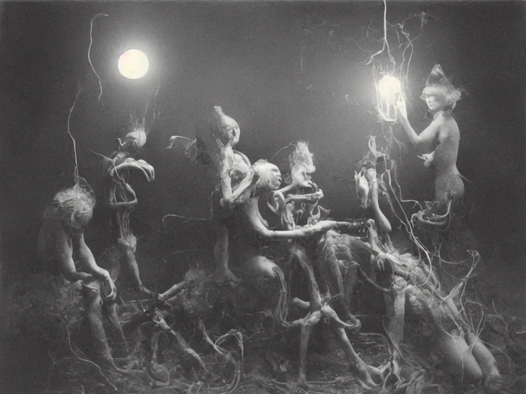 Image similar to scientists in 1 9 0 0's performing experiments on a strange mushroom, daguerreotype, dusty film, horror, sci - fi, volumetric lighting, very detailed, 8 k, cinematic, dusty photograph, by jan svankmajer & henry fuseli & otto rapp,