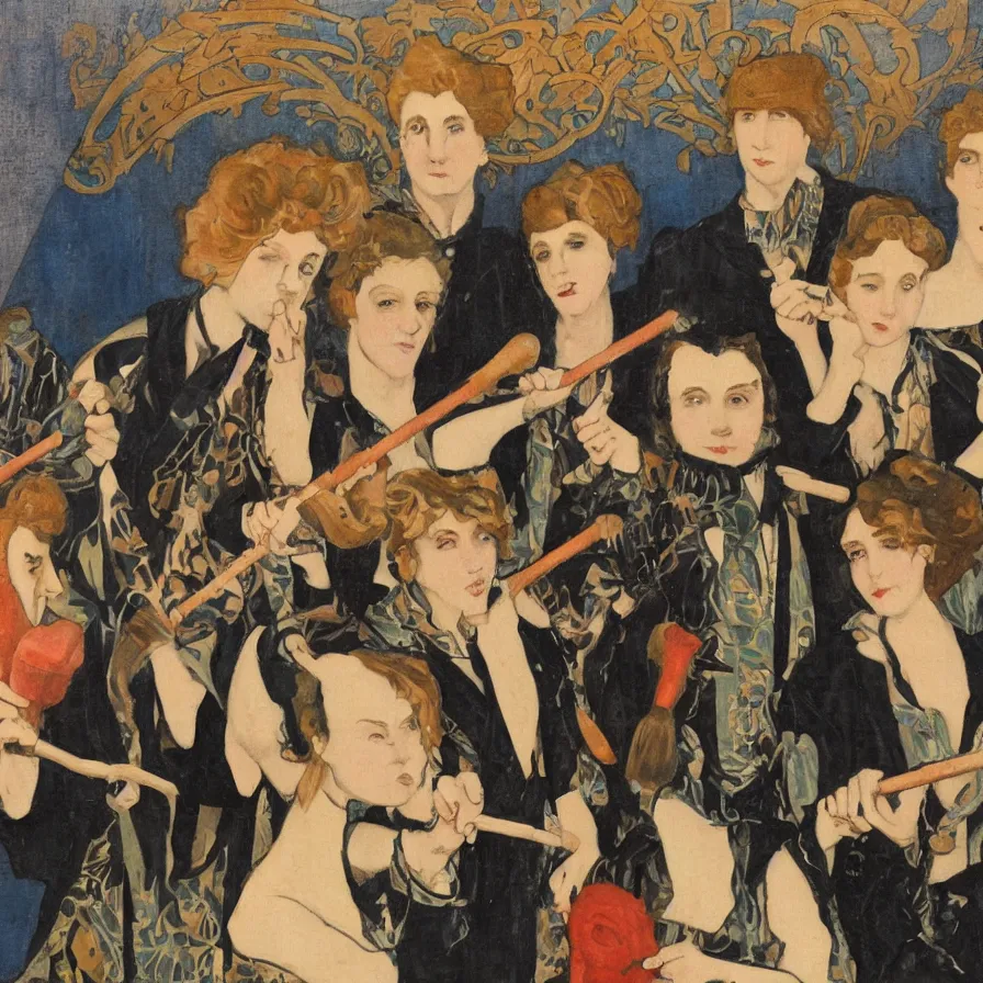 Prompt: an art nouveau painting of six punk rockers holding toilet plungers and feather dusters .