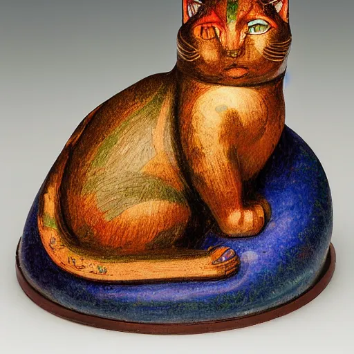 Image similar to cloisonne cat figurine, by annie swynnerton and diego rivera and nicholas roerich and jean delville, symbolist, dramatic lighting, god rays, art brut, rich colors, smooth, sharp focus, extremely detailed, adolf wolfli and ( donato giancola and bilibin )