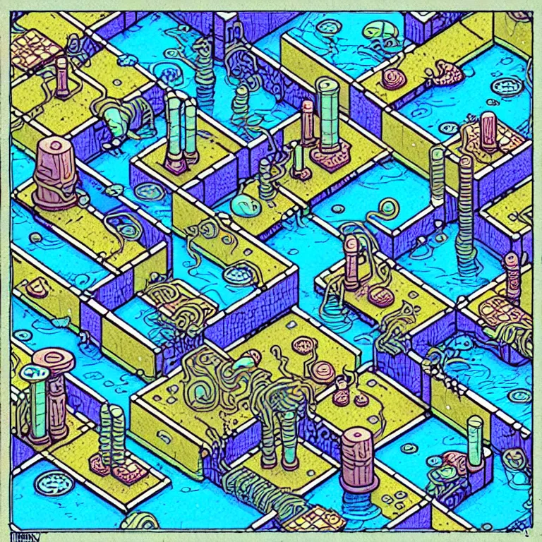 Image similar to an absurdly-detailed isometric cyberpunk alleyway colored-pen drawing as a fancy square tile. Sea-life in a submerged-city.