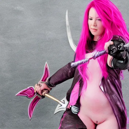 Image similar to pink haired female goddess with a giant metallic battle axe stepping on a small pink pink cat