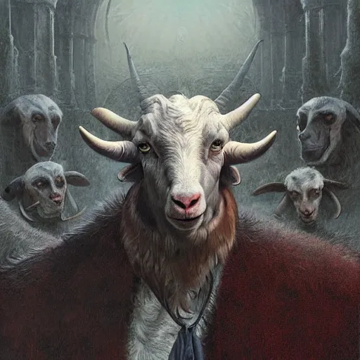 Prompt: vladimir putin is anthropomorphic goat hybrid, macabre, horror, by donato giancola and greg rutkowski and wayne barlow and zdzisław beksinski, digital art