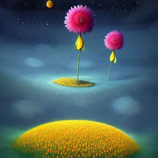 Prompt: by Gediminas Pranckevicius, Not often, but occasionally. A star is born in a flower. Nestled in a soft bed of pollen and petals it can grow in the most unlikely of places. Just waiting for a lucky creature to find it,night star sky background Galaxys, red and yellow flower