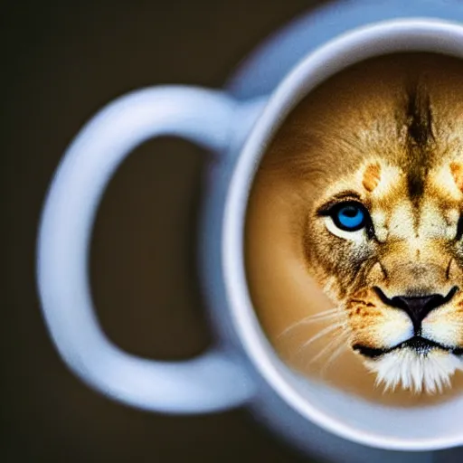 Image similar to a tiny lion peeking his head out of a coffee mug, close up shot.