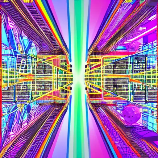 Prompt: futuristic city rainbow colours in the style of escher