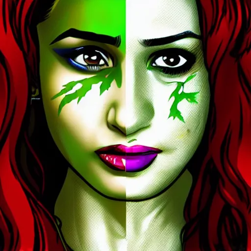 Image similar to Portrait of Shraddha Kapoor as Poison Ivy from Batman comics movie in style of Roy Lichtenstein, detailed face 8k, UHD