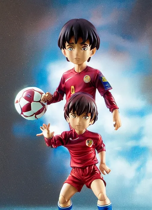 Image similar to chibi captain tsubasa anime figurine, soccer, art by gerald brom, greg rutkowski and artgerm and james jean and zdzisław beksinski, unreal engine, studio lighting