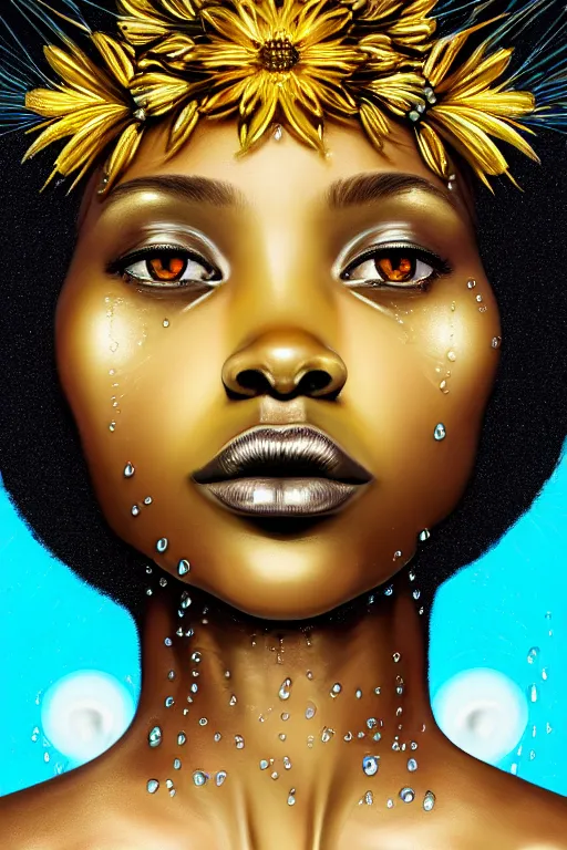 Image similar to hyperrealistic precisionist cinematic profile very expressive! black oshun goddess, ophelia in water!, mirror dripping droplet!, gold flowers, highly detailed face, digital art masterpiece, smooth eric zener cam de leon, dramatic pearlescent turquoise light on one side, low angle uhd 8 k, shallow depth of field