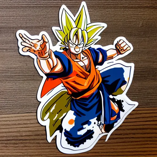 Image similar to die cut sticker, goku one piece style, splatter paint