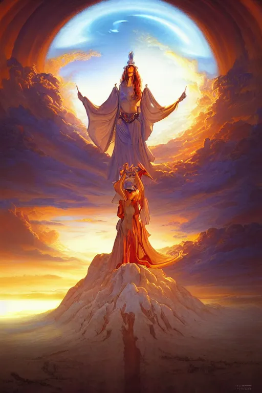 Image similar to the high Priestess of the sun god greets the rising sun, 8k resolution digital painting by Michael Whelan and Peter Mohrbacher, cinematic morning light