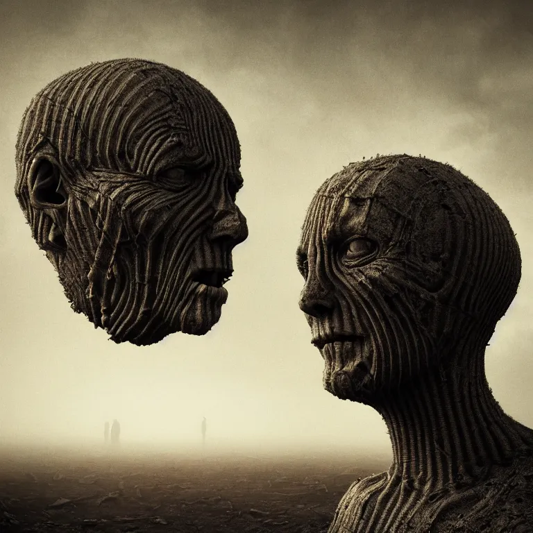 Image similar to ribbed man face portrait, baroque painting, standing in a desolate empty wasteland, creepy, nightmare, dream-like heavy atmosphere, surreal abandoned buildings, beautiful detailed intricate insanely detailed octane render trending on Artstation, 8K artistic photography, photorealistic, chiaroscuro, Raphael, Caravaggio, Beksinski, Giger