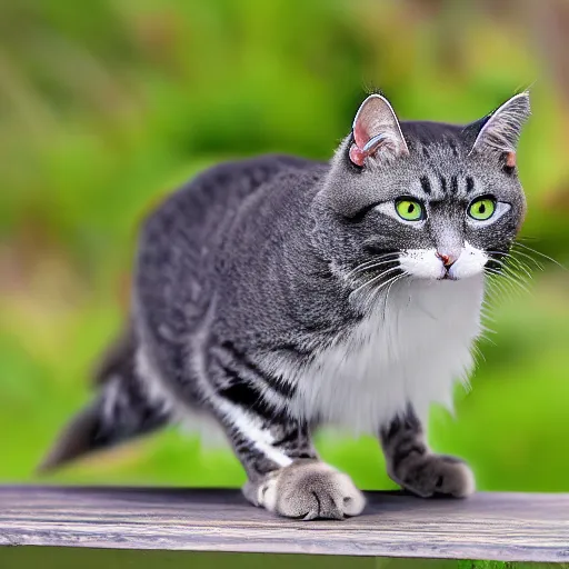 Image similar to cat bird hybrid, cute, fluffy, cat bird is white with black tabby stripes and blue eyes, cat bird has very strong legs, realistic, 4 k