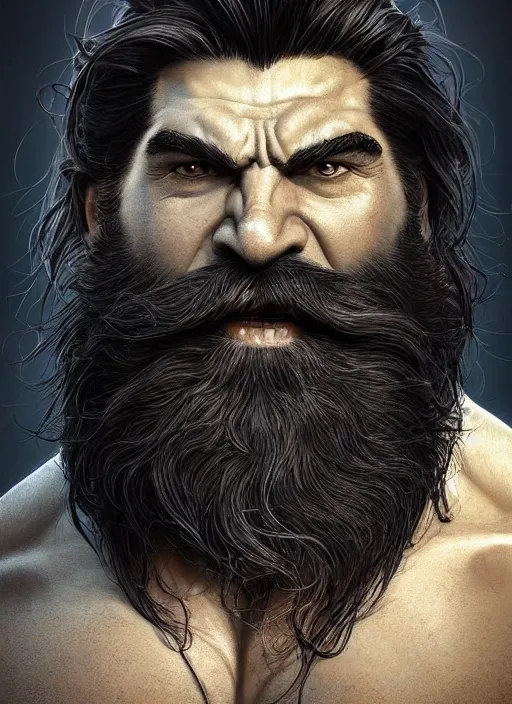 Prompt: portrait of a hulky herculean well groomed ork with flowing long deep black hair, epic beard, style of god of war, swarm of sand, intricate, elegant, highly detailed, digital painting, artstation, concept art, smooth, sharp focus, illustration, art by artgerm and greg rutkowski and alphonse mucha, 8 k