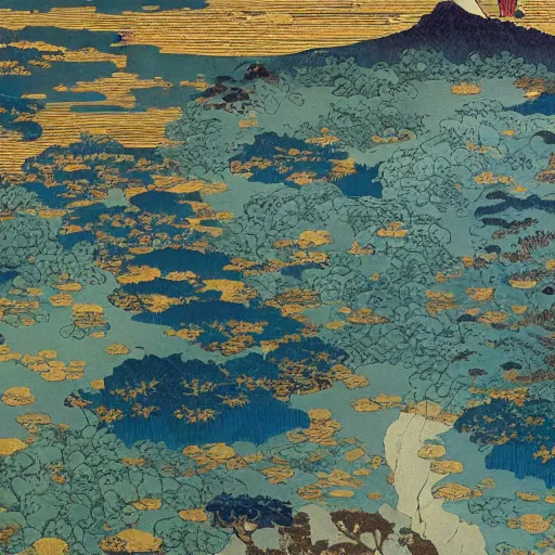 Prompt: a painting of a map landscape with a lot of trees and communities, a detailed painting from above by mikhail vrubel, katsushika hokusai, tom thomson, polycount contest winner, space art, detailed painting, ukiyo - e, apocalypse landscape