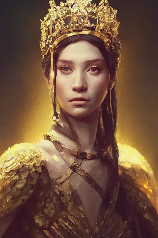 Image similar to a fancy portrait of a young queen by Greg Rutkowski, Sung Choi, Mitchell Mohrhauser, Maciej Kuciara, Johnson Ting, Maxim Verehin, Peter Konig, final fantasy , mythical, 8k photorealistic, cinematic lighting, HD, high details, atmospheric,