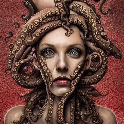 Image similar to octowoman, half woman, half octopus, lovecraftian horror!, surrealism, fantasy, intricate, elegant, highly detailed, digital painting, realistic shading, cinematic composition, hdr, photorealistic, 3 5 mm film, concept art, artstation, matte, sharp focus, illustration, art by keith thompson and christopher lane