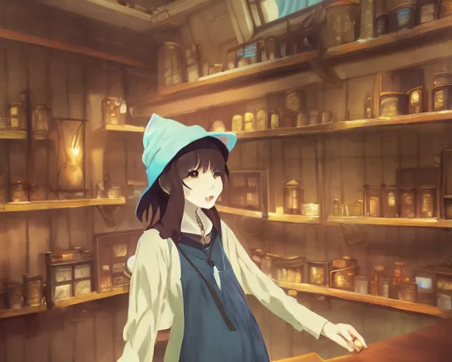 Image similar to anime visual, portrait of a young female traveler wearing a witch hat in a alchemist's potion shop interior, cute face by yoh yoshinari, katsura masakazu, cinematic luts, cold colors, dynamic pose, dynamic perspective, strong silhouette, anime cels, ilya kuvshinov, crisp and sharp, rounded eyes, moody