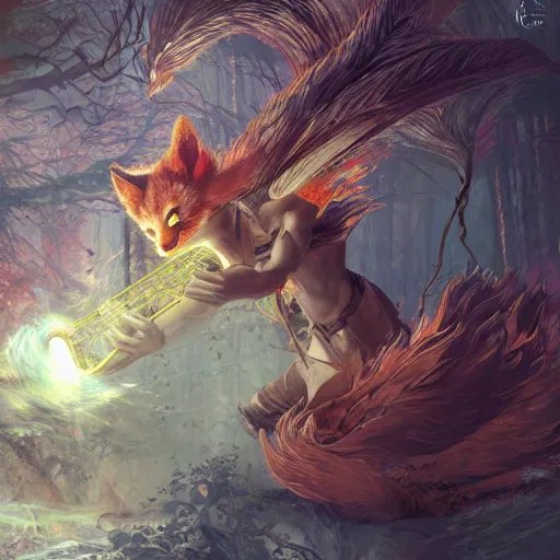 Prompt: Kitsune playing Harp in magical forest, magic the gathering artwork, D&D, fantasy, cinematic lighting, centered, symmetrical, highly detailed, digital painting, artstation, concept art, smooth, sharp focus, illustration, volumetric lighting, epic Composition, 8k, art by Akihiko Yoshida and Greg Rutkowski and Craig Mullins, heroic pose, oil painting, cgsociety