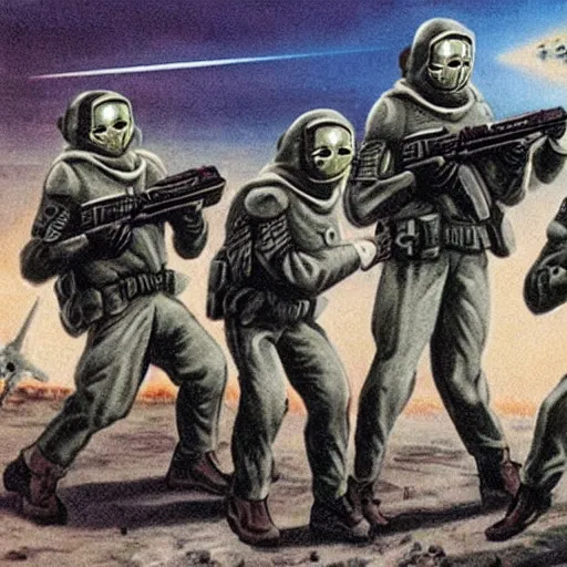 Image similar to spetsnaz pointing guns at an extraterrestrial zeta reticulan grey alien martian