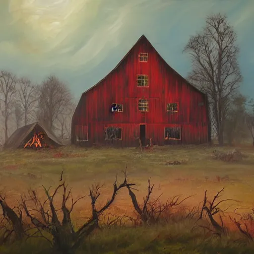 Prompt: burning barn with zombies 4k oil painting