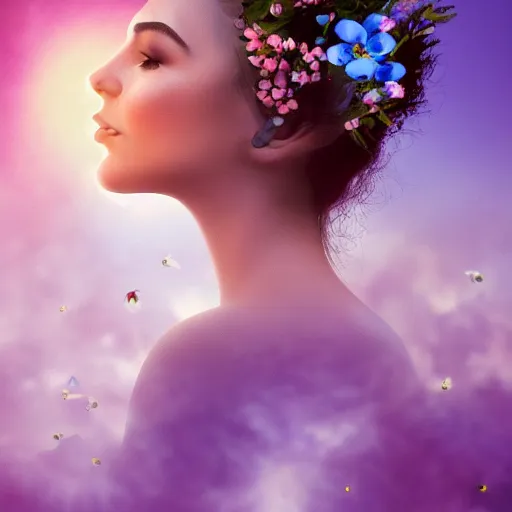 Image similar to a portrait of a romantic woman with flowers grow out of hair, roses peonies forget-me-nots dahlias lupins gladioli, sky theme in background, 35mm Photograph, 4K Resolution, Astrophotography, Digital Art, Trending on artstation