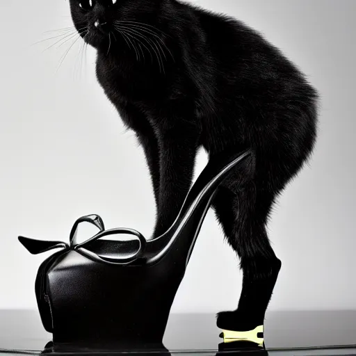 Prompt: a detailed full height photo of a black cat wearing high heels