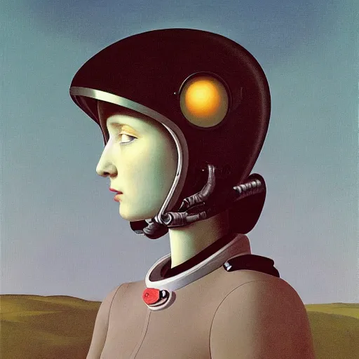 Image similar to portrait An astronaut girl wearing helmet with black lace suit, Edward Hopper and James Gilleard, Zdzislaw Beksinski, Mark Ryden, Wolfgang Lettl highly detailed