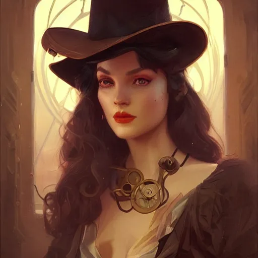 Image similar to beautiful female orson welles, portrait, western, steampunk, duster, fantasy, intricate, elegant, highly detailed, digital painting, artstation, concept art, sharp focus, illustration, art by artgerm and greg rutkowski and alphonse mucha