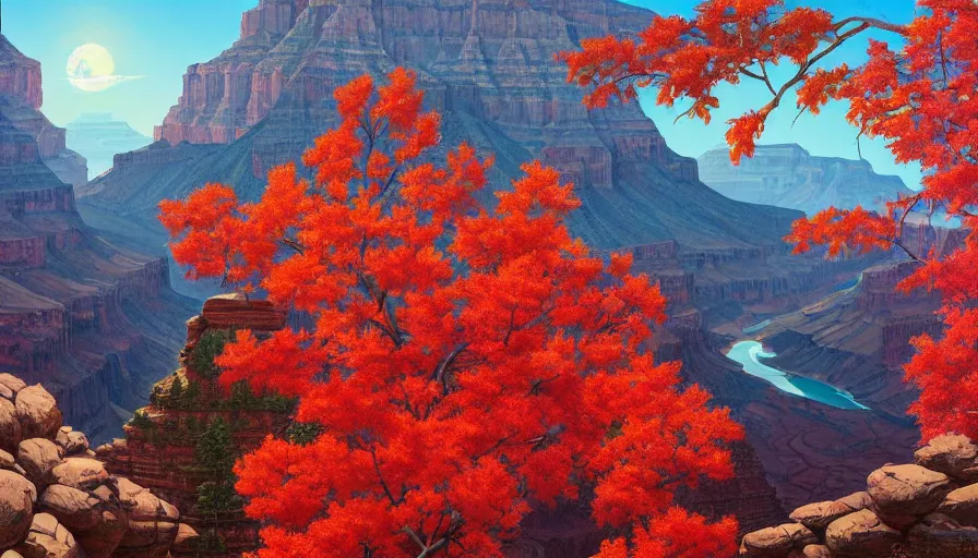 Image similar to single red maple tree growing in grand canyon, stream, tristan eaton, victo ngai, artgerm, rhads, ross draws, highly detailed, masterpiece