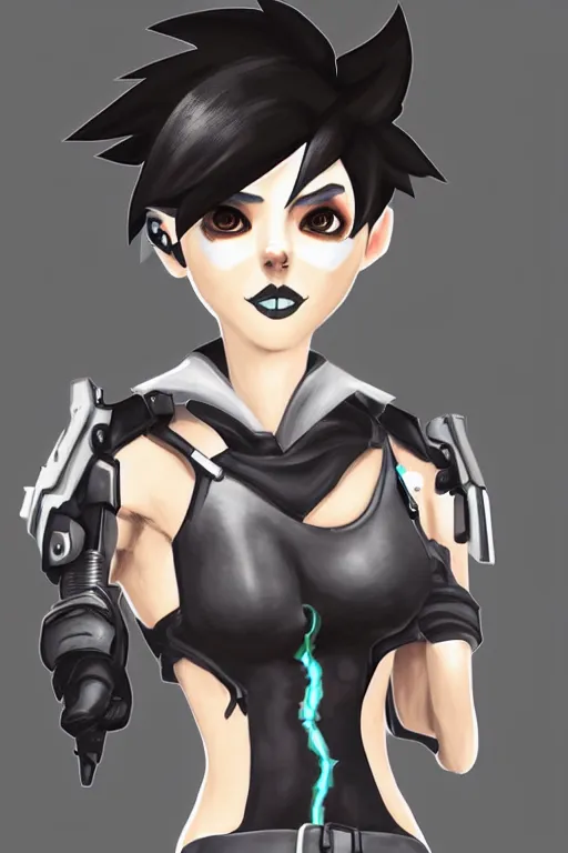 Prompt: “ digital drawing of tracer from overwatch in 3 d style, wearing black lipstick and black eyeliner, goth outfit, black hair, 4 k, detailed face, smirky expression ”