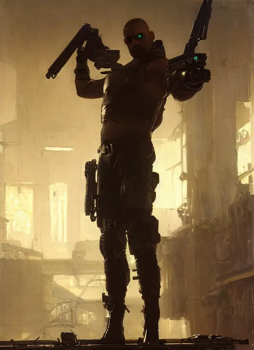 Image similar to big mike. cyberpunk meathead wearing a military vest and combat gear. (Cyberpunk 2077, bladerunner 2049). Iranian orientalist portrait by john william waterhouse and Edwin Longsden Long and Theodore Ralli and Nasreddine Dinet, oil on canvas. Cinematic, hyper realism, realistic proportions, dramatic lighting, high detail 4k