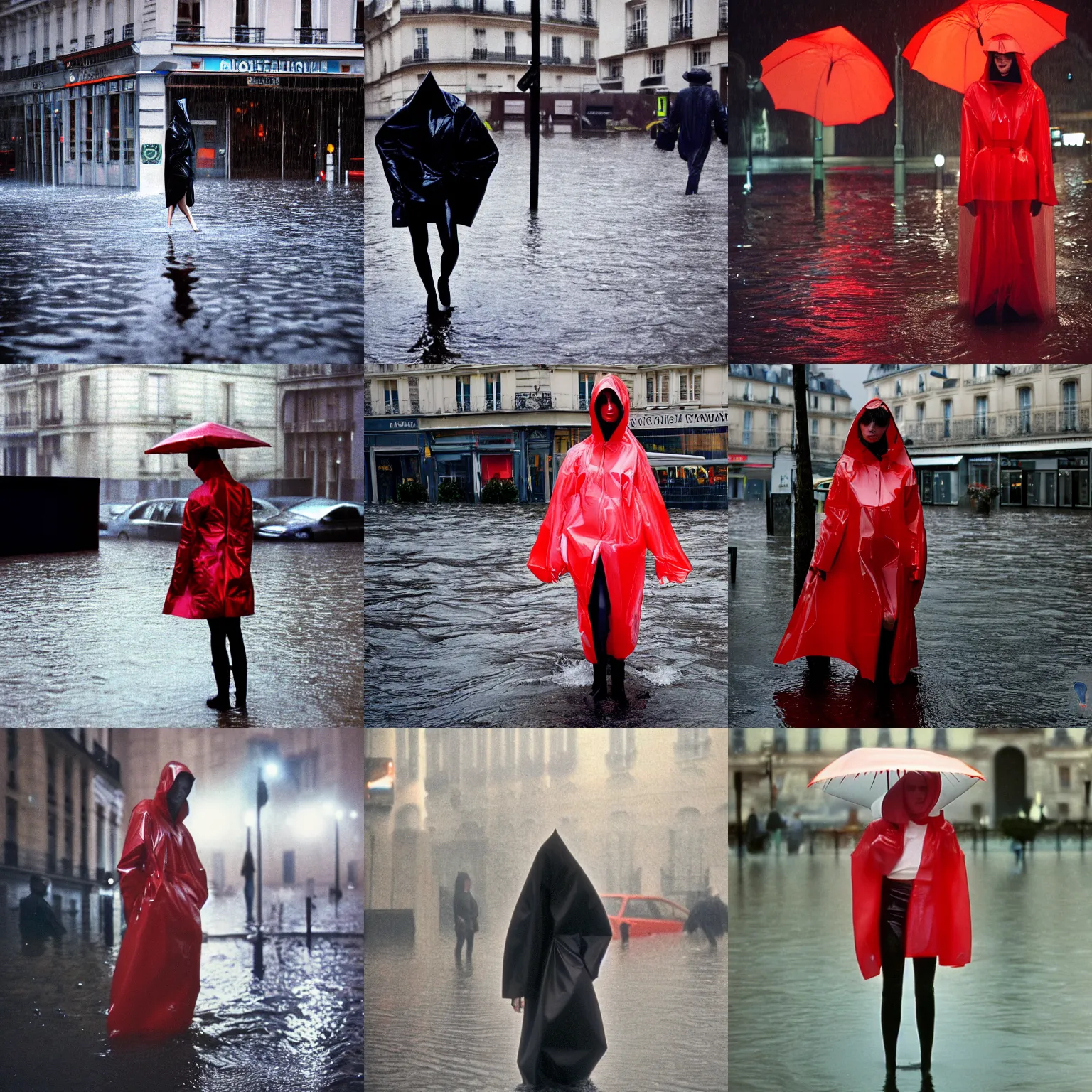 Prompt: Heavy rain during Paris fashion nighttime photoshoot of asymmetrical unusual model standig waist high in heavy floods, submerged to waste, wearing a translucent red wet plastic zaha hadid designed wet refracting rainbow diffusion specular highlights raincoat by Nabbteeri, ultra realistic, 1970s cinema camera, agfa film, 4K, 35mm lens, full body extreme closeup, focus on droplets, chiaroscuro by Nabbteeri, photorealistic, trending on instagram!