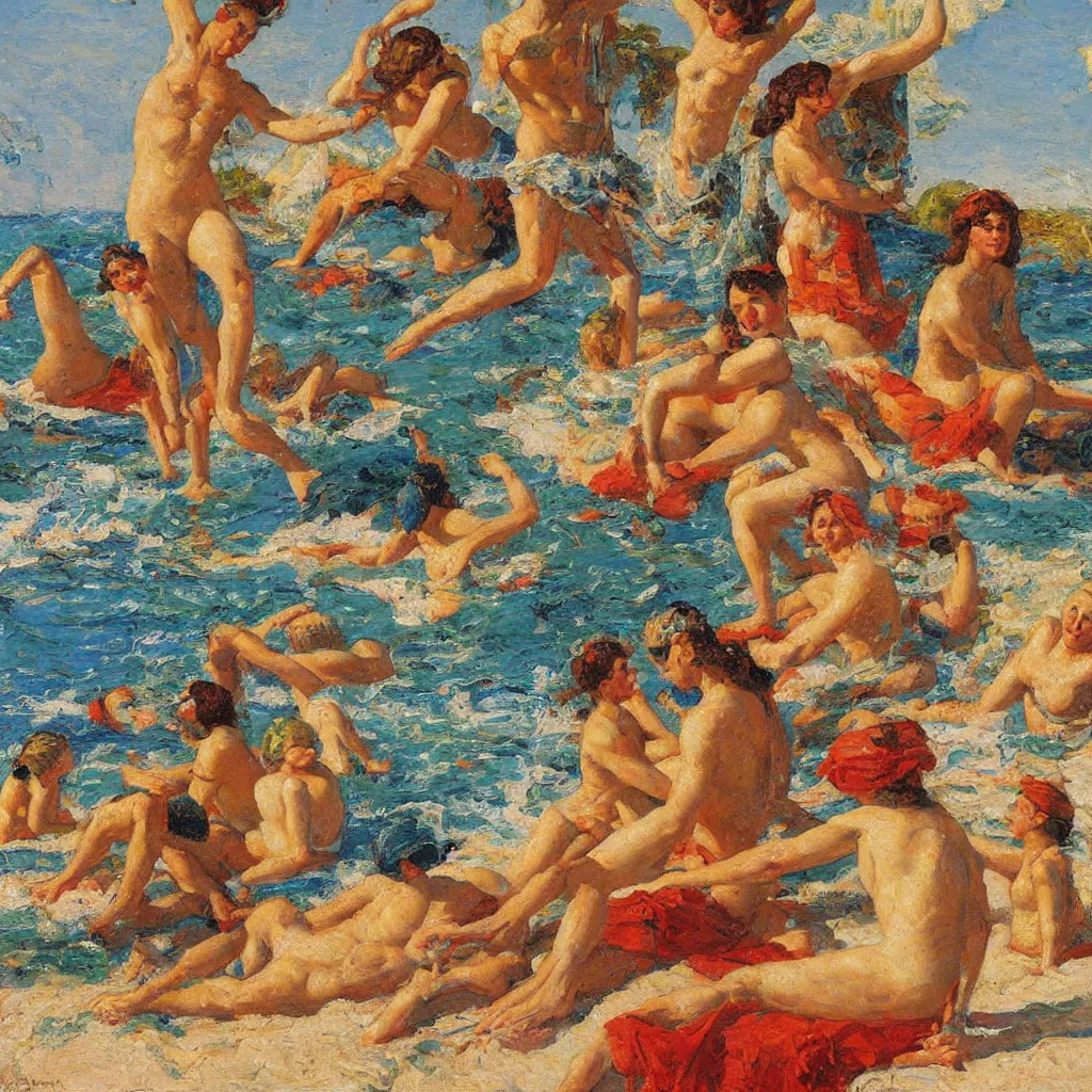 Image similar to rich and indulgent oil paint impasto reliefs, happy italian beach scene, an artwork by charles w. bartlett and jackson pollack and colin campbell cooper