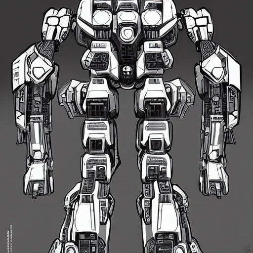 Prompt: very detailed mecha thumbnail art, greyscale in vector art, very symmetrical, by inzvy, science fiction, artstation, pinterest, adobe photoshop