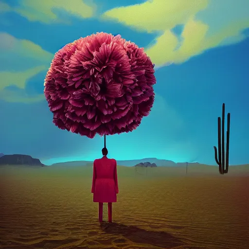 Image similar to giant carnation flower head girl, suit, desert, surreal photography, sunrise, dramatic light, impressionist painting, digital painting, artstation, simon stalenhag