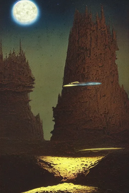 Image similar to emissary space by arthur haas and bruce pennington and john schoenherr, cinematic matte painting, dark color palate, moonscape